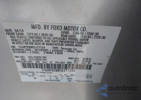 2014 Ford Taurus Sel из США, поврежденный, VIN 1FAHP2E88EG177554
